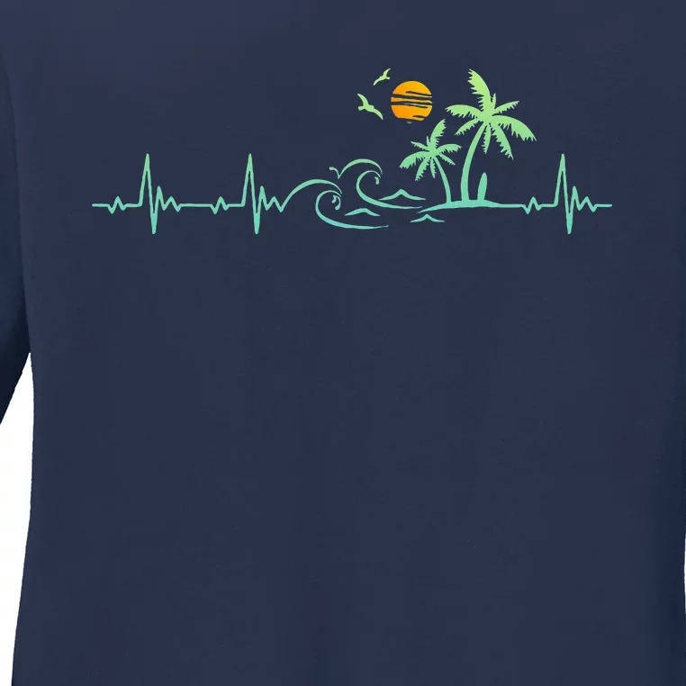 Heartbeat Palm Tree Retro Tropical Beach Island Trees Funny Ladies Long Sleeve Shirt