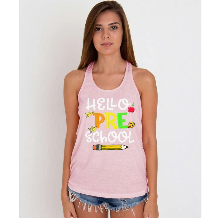 Hello Preschool Teacher First Day Funny Back To School Women's Knotted Racerback Tank