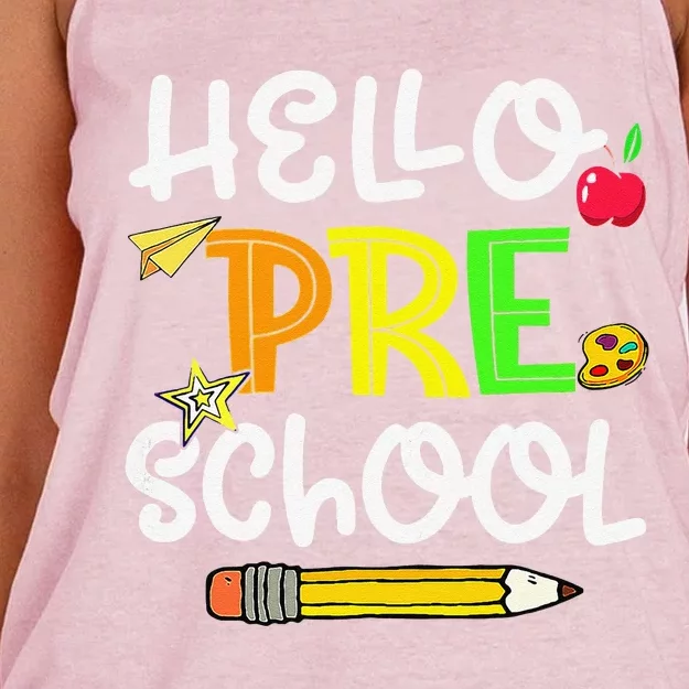 Hello Preschool Teacher First Day Funny Back To School Women's Knotted Racerback Tank