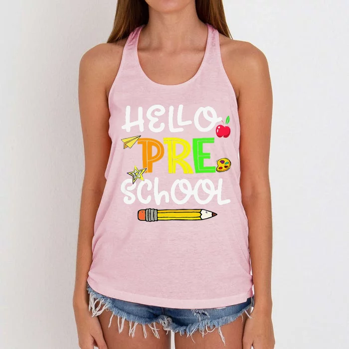 Hello Preschool Teacher First Day Funny Back To School Women's Knotted Racerback Tank