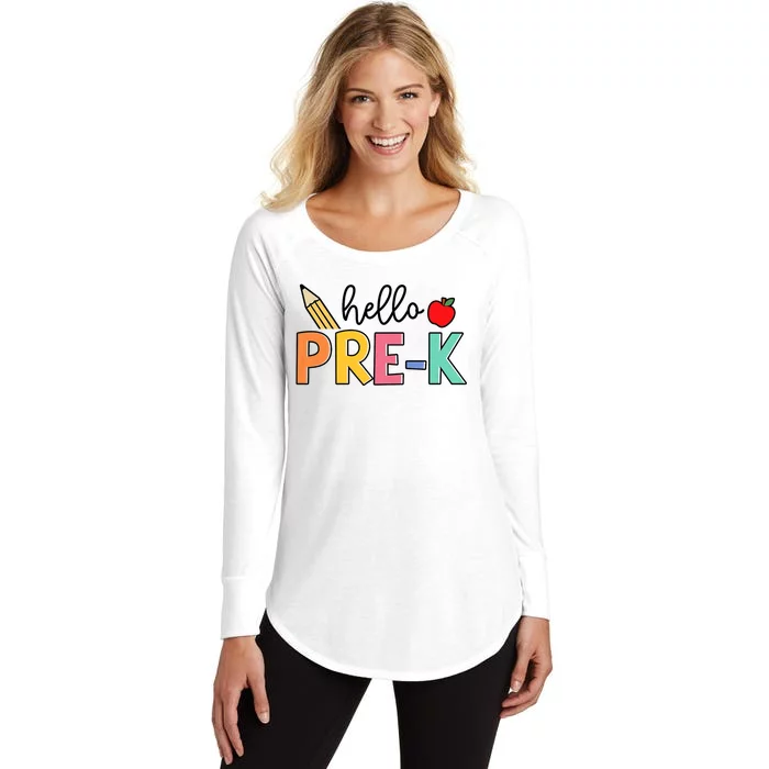 Hello Preschool Team Prek Back To School Teacher Women's Perfect Tri Tunic Long Sleeve Shirt