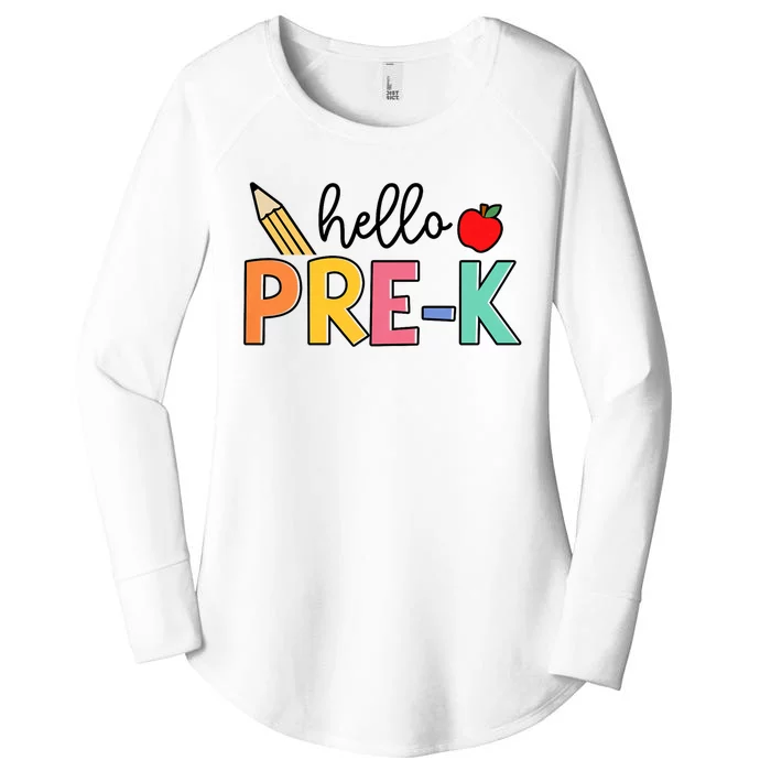 Hello Preschool Team Prek Back To School Teacher Women's Perfect Tri Tunic Long Sleeve Shirt