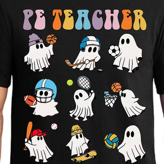 Halloween Pe Teacher Ghost Playing Soccer Football Baseball Gift Pajama Set