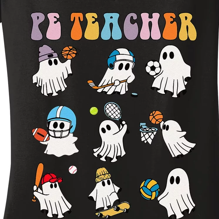 Halloween Pe Teacher Ghost Playing Soccer Football Baseball Gift Women's V-Neck T-Shirt