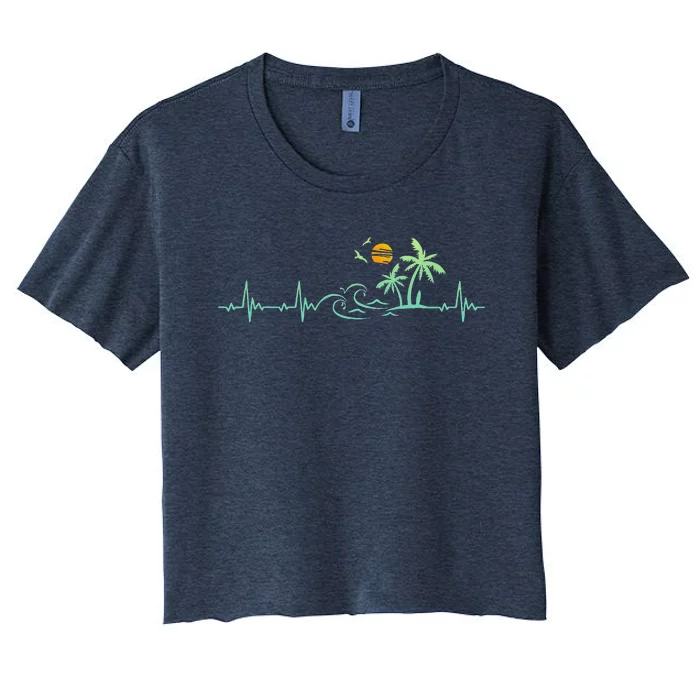 Heartbeat Palm Tree Retro Tropical Beach Island Trees Funny Women's Crop Top Tee