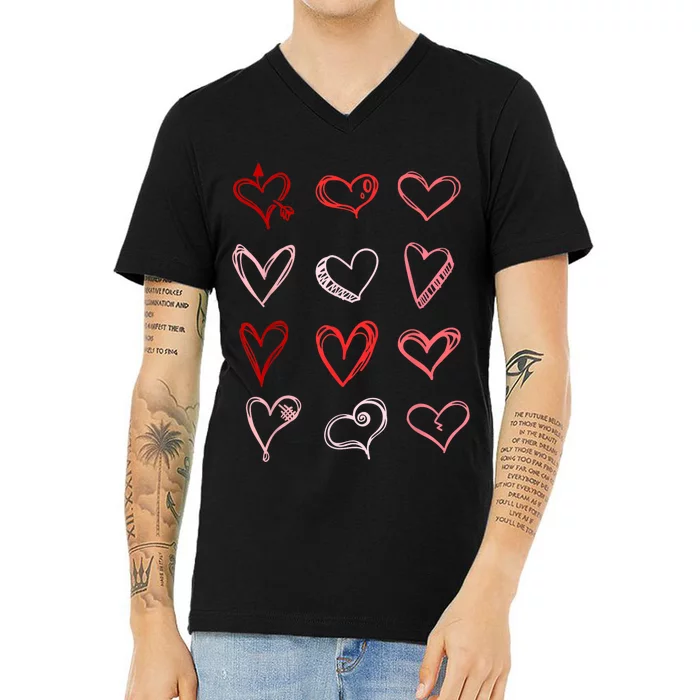 Hearts Pattern Valentines Day Cute Love Vday Pajama V-Neck T-Shirt