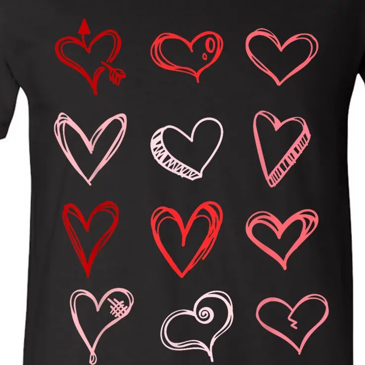 Hearts Pattern Valentines Day Cute Love Vday Pajama V-Neck T-Shirt