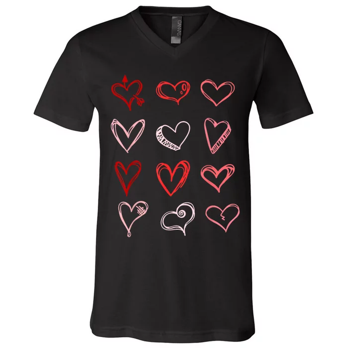 Hearts Pattern Valentines Day Cute Love Vday Pajama V-Neck T-Shirt