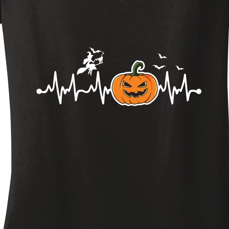 Halloween Pumpkin Witch Heartbeat Funny Halloween Party Women's V-Neck T-Shirt