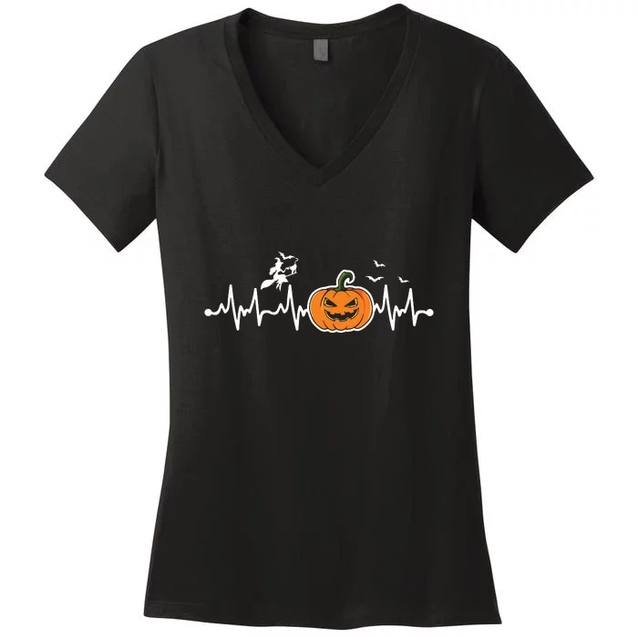 Halloween Pumpkin Witch Heartbeat Funny Halloween Party Women's V-Neck T-Shirt