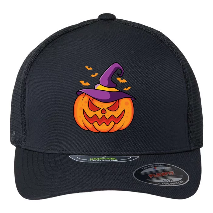 Halloween Pumpkin Witch Flexfit Unipanel Trucker Cap