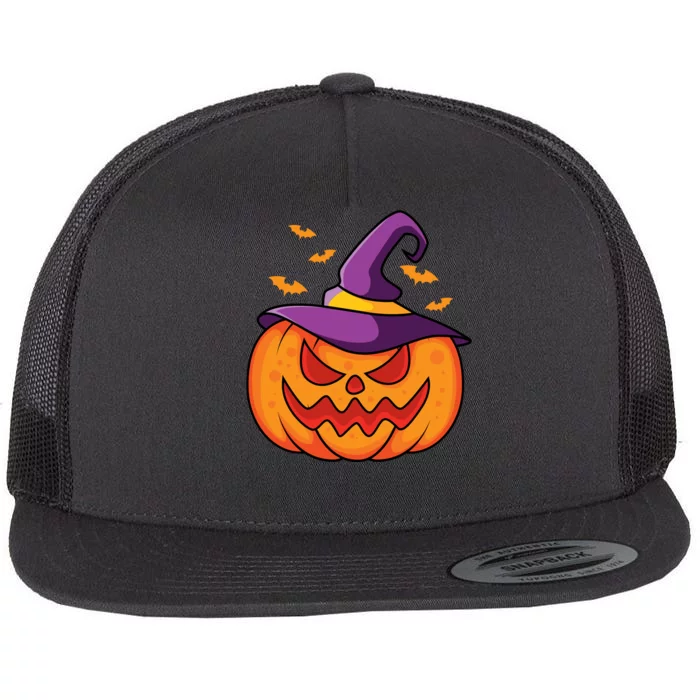 Halloween Pumpkin Witch Flat Bill Trucker Hat