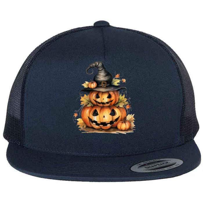 Halloween Pumpkin Witch Fall Autumn Illustration Flat Bill Trucker Hat