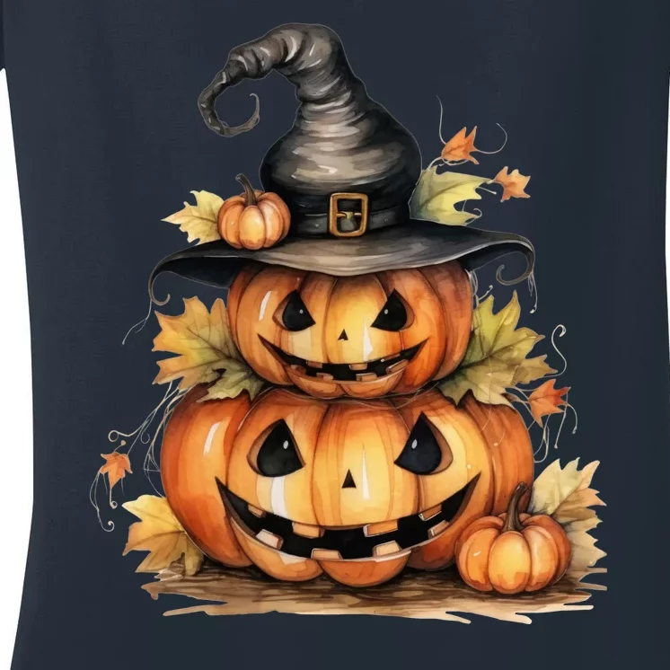 Halloween Pumpkin Witch Fall Autumn Illustration Women's V-Neck T-Shirt