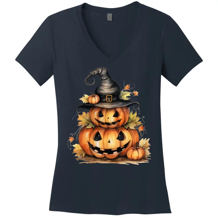 Halloween Pumpkin Witch Fall Autumn Illustration Women's V-Neck T-Shirt