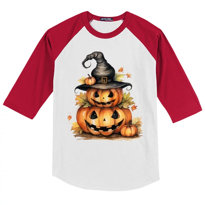 Halloween Pumpkin Witch Fall Autumn Illustration Kids Colorblock Raglan Jersey