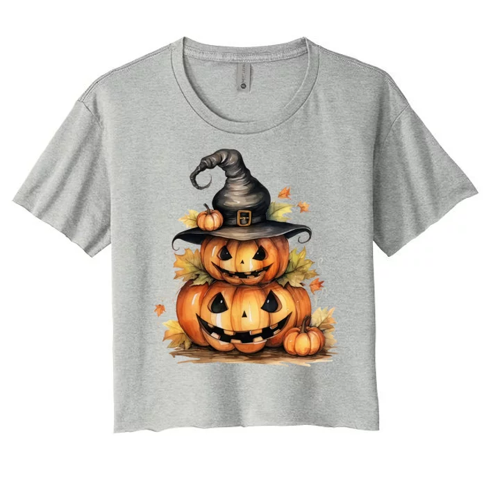 Halloween Pumpkin Witch Fall Autumn Illustration Women's Crop Top Tee