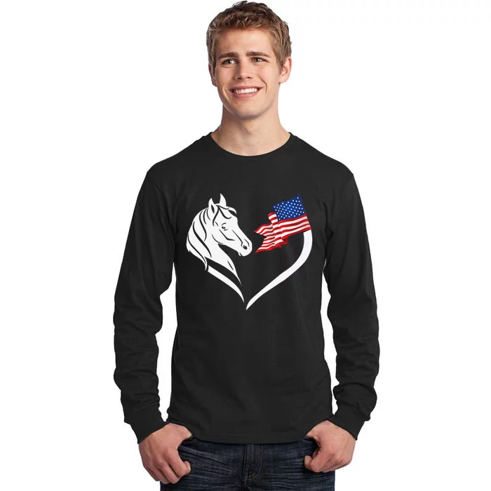 Horse Riding 4th Of July American Flag Heart Patriotic Tall Long Sleeve T-Shirt