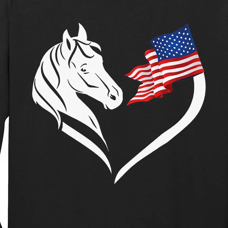 Horse Riding 4th Of July American Flag Heart Patriotic Tall Long Sleeve T-Shirt