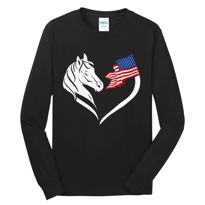 Horse Riding 4th Of July American Flag Heart Patriotic Tall Long Sleeve T-Shirt