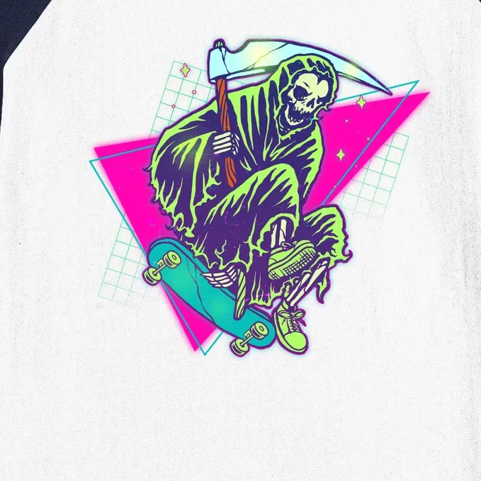 Halloween Retro 80's Skateboarding Grim Reaper Baseball Sleeve Shirt