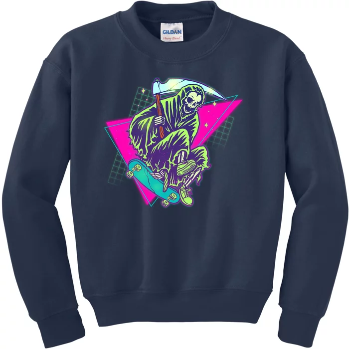 Halloween Retro 80's Skateboarding Grim Reaper Kids Sweatshirt