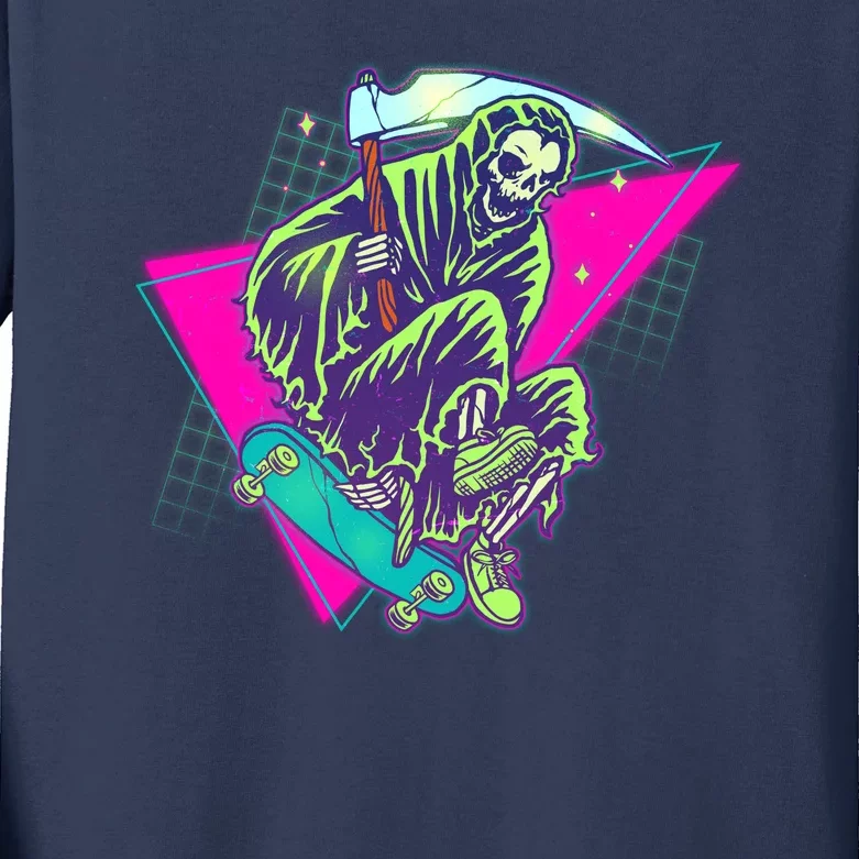 Halloween Retro 80's Skateboarding Grim Reaper Kids Long Sleeve Shirt