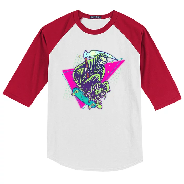 Halloween Retro 80's Skateboarding Grim Reaper Kids Colorblock Raglan Jersey