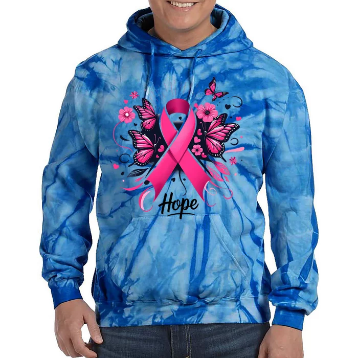 Hope Ribbon Butterfly Breast Cancer Awareness Tie Dye Hoodie