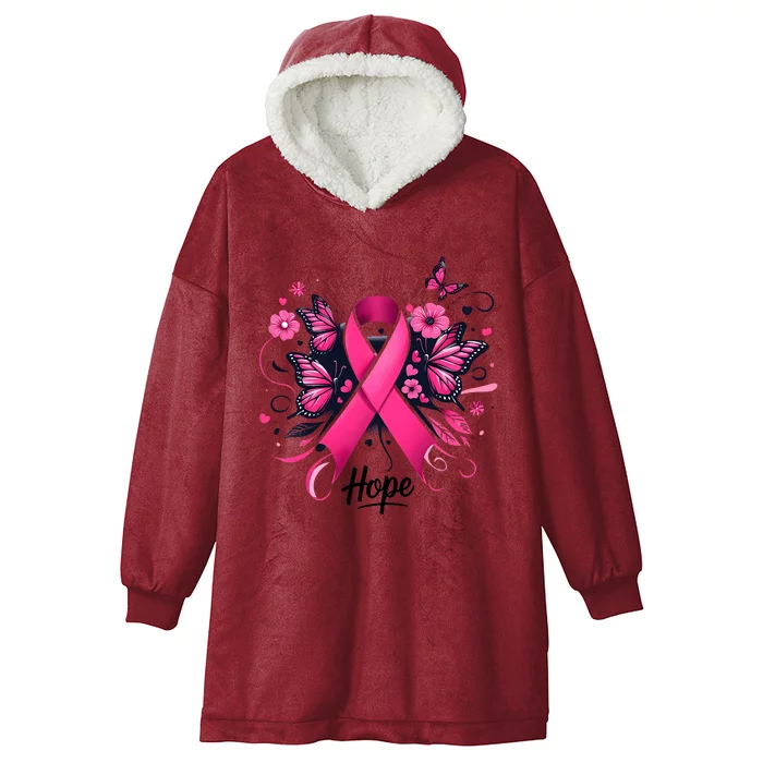 Hope Ribbon Butterfly Breast Cancer Awareness Hooded Wearable Blanket