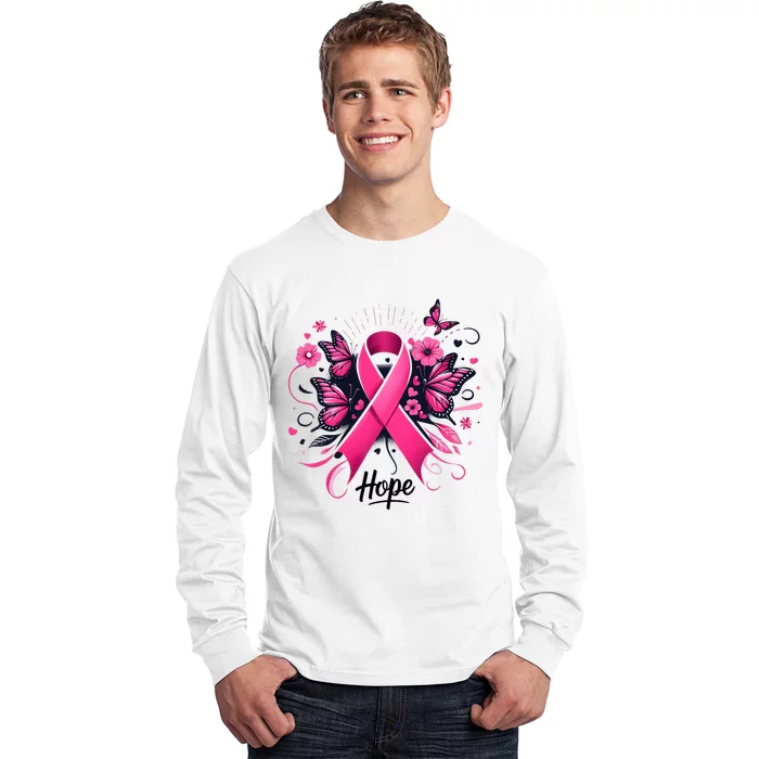 Hope Ribbon Butterfly Breast Cancer Awareness Long Sleeve Shirt