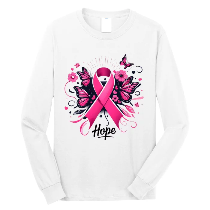 Hope Ribbon Butterfly Breast Cancer Awareness Long Sleeve Shirt