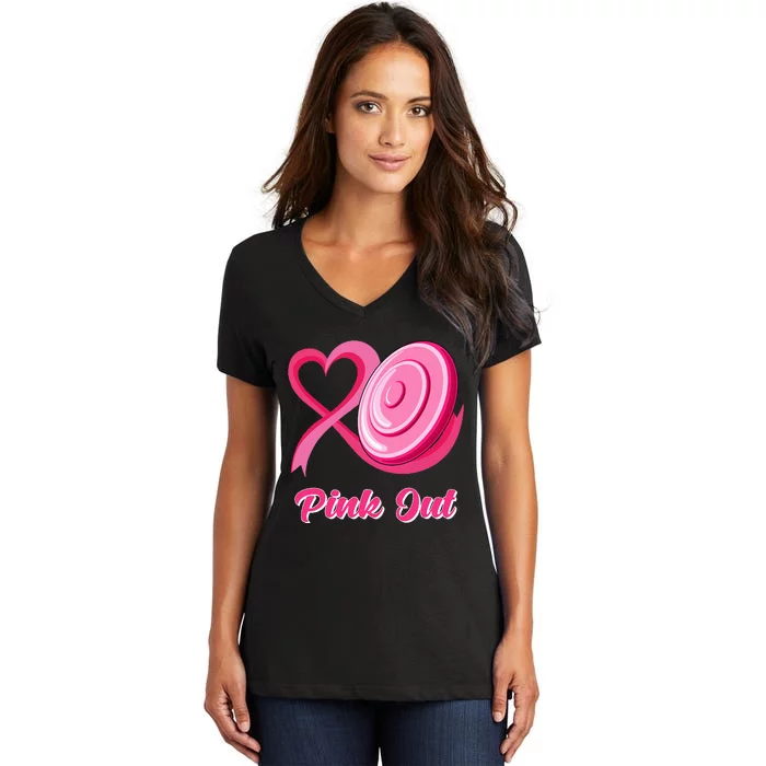 Heart Ribbon Disc Golf Pink Out Breast Cancer Awareness Women's V-Neck T-Shirt