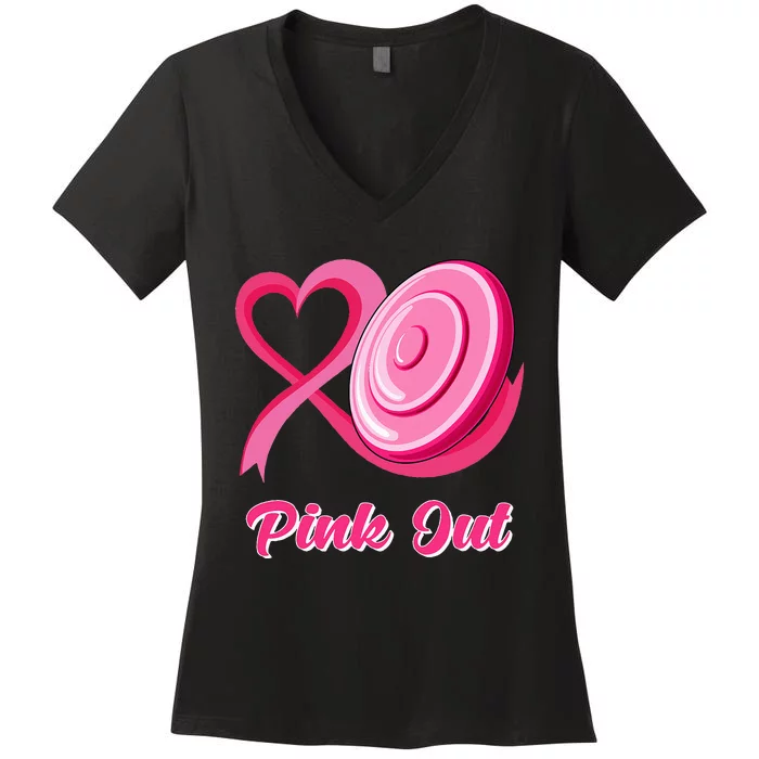 Heart Ribbon Disc Golf Pink Out Breast Cancer Awareness Women's V-Neck T-Shirt