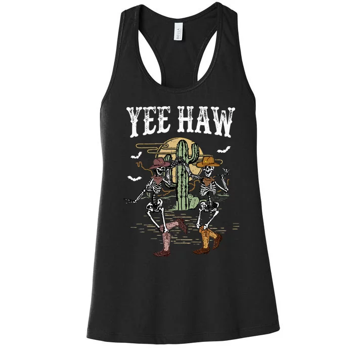 Howdy Retro Desert Dancing Skeleton Cow Boots Hat Western Women's Racerback Tank