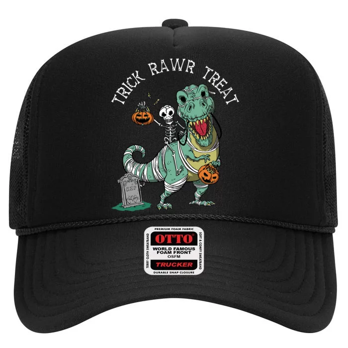 Halloween Rawr Dinosaur T Rex Mummy Skeleton High Crown Mesh Trucker Hat