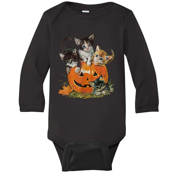 Halloween Retro Floral Cat Pumpkin Spooky Season Vintage 90s Gift Baby Long Sleeve Bodysuit