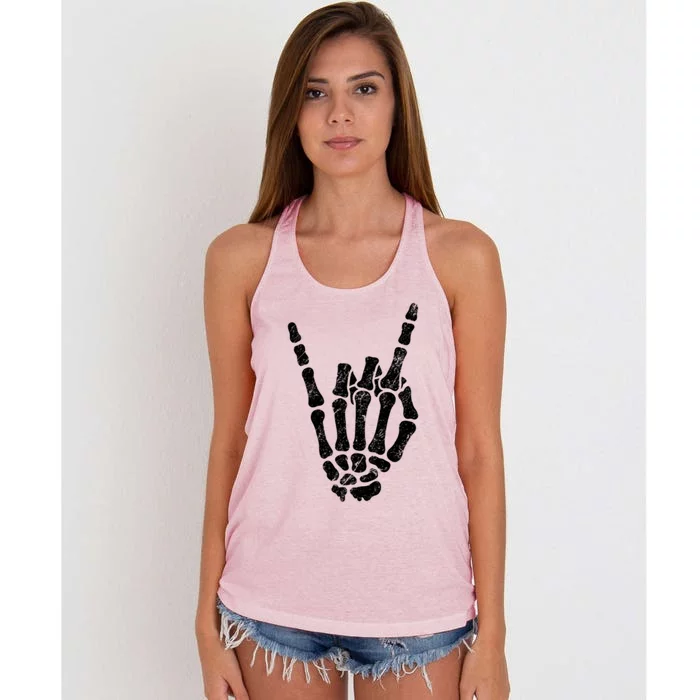 Halloween Rock Hand Sign Skeleton Rock N Roll Symbol Rock On Gift Women's Knotted Racerback Tank