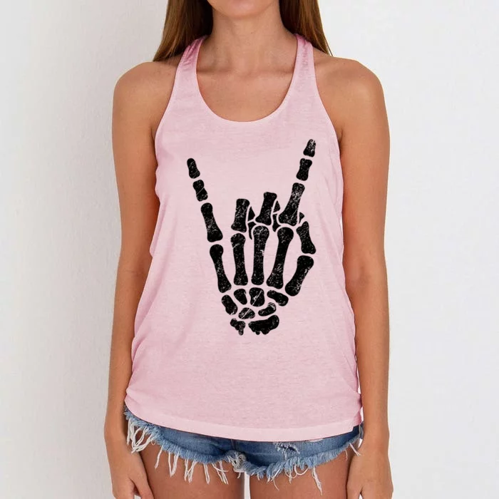 Halloween Rock Hand Sign Skeleton Rock N Roll Symbol Rock On Gift Women's Knotted Racerback Tank