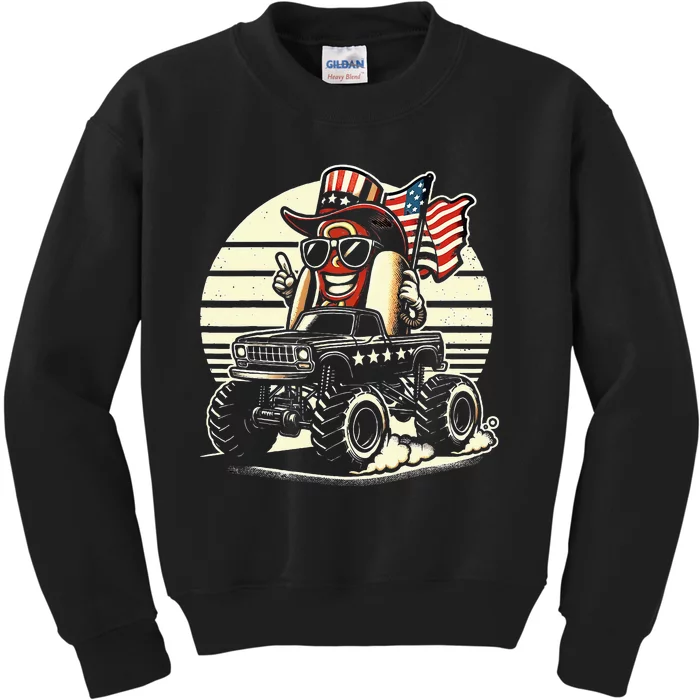 Hotdog Riding Monster Truck 4th Of July Usa Flag Kids Sweatshirt