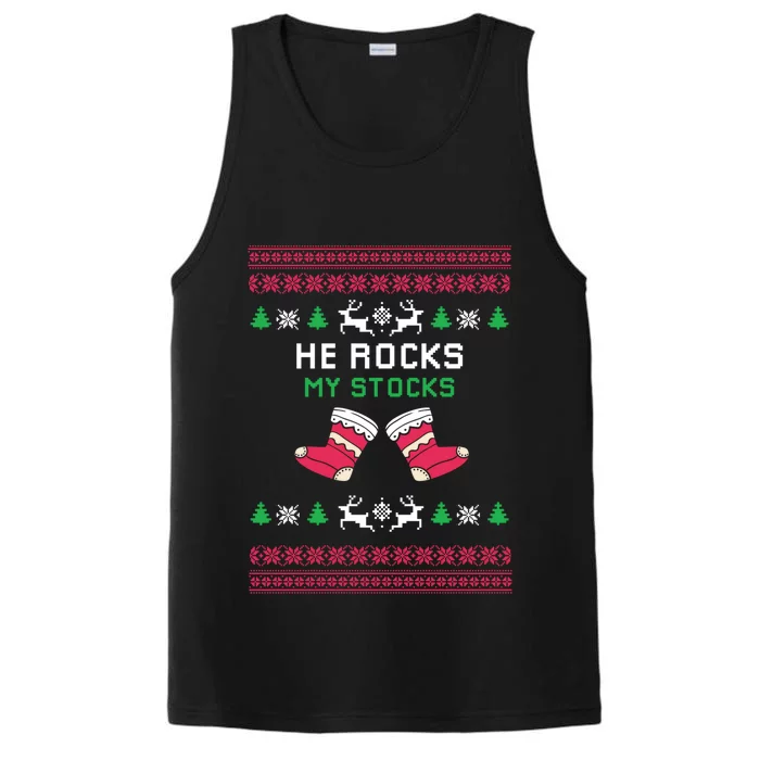 He Rocks My Stocks Funny Christmas Couples Designs Present Meaningful Gift Performance Tank