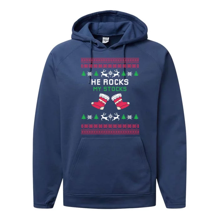 He Rocks My Stocks Funny Christmas Couples Designs Present Meaningful Gift Performance Fleece Hoodie