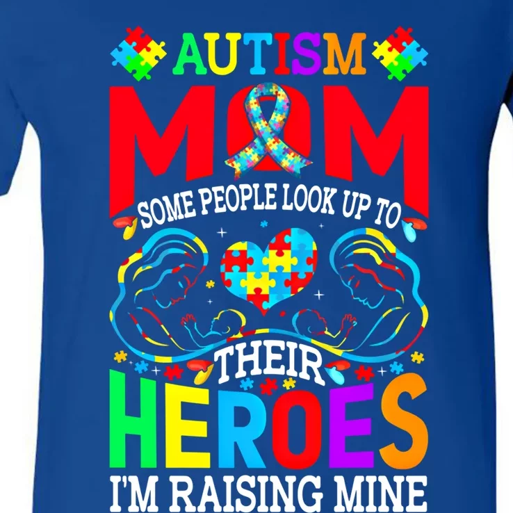 Hero Raising Mine Autism Awareness Autism Mom Gift V-Neck T-Shirt