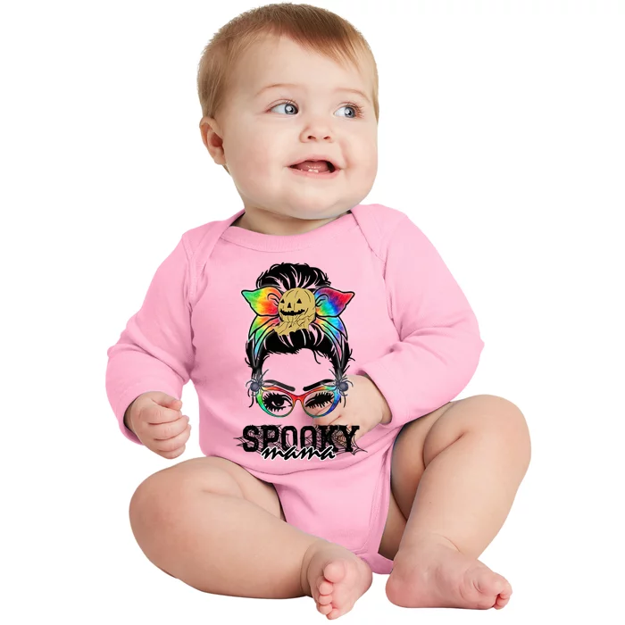 Halloween Rainbow Messy Bun Spooky Mama Gift Baby Long Sleeve Bodysuit