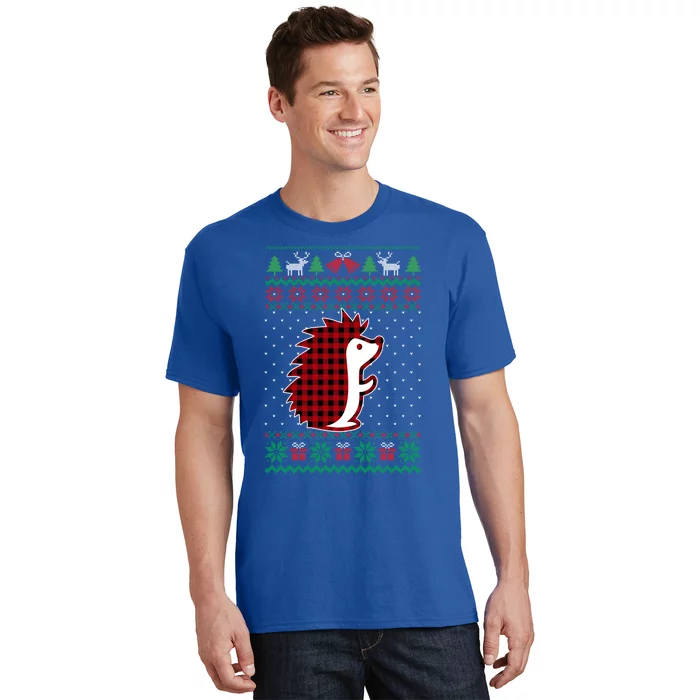 Hedgehog Red Plaid Buffalo Funny Ugly Christmas T-Shirt