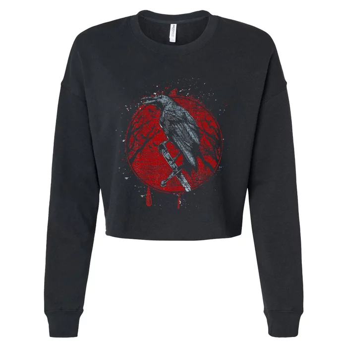 Halloween Raven Red Moon Spooky Night Crow Cropped Pullover Crew