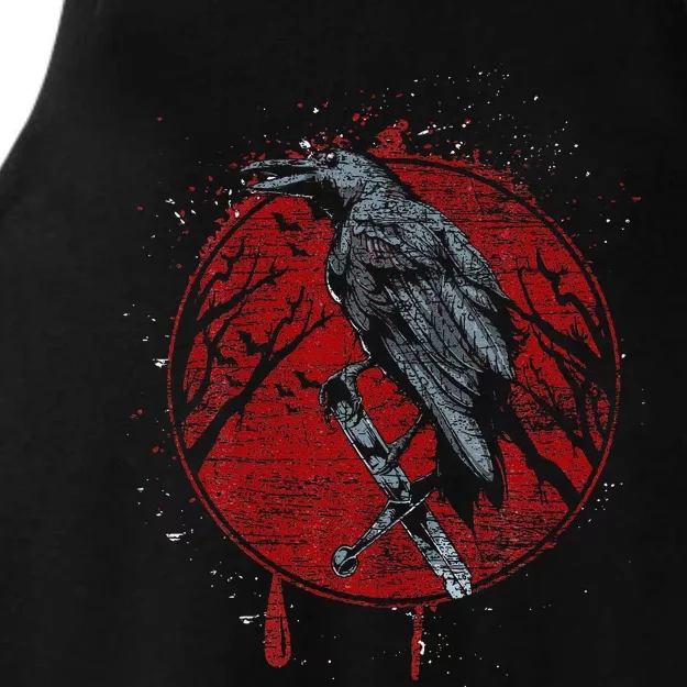 Halloween Raven Red Moon Spooky Night Crow Ladies Tri-Blend Wicking Tank