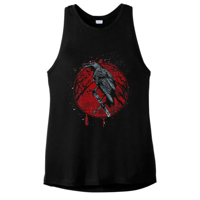 Halloween Raven Red Moon Spooky Night Crow Ladies Tri-Blend Wicking Tank