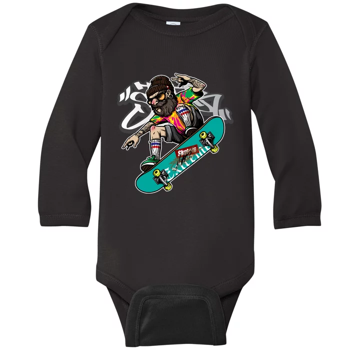 Hipster Riding Skateboard Baby Long Sleeve Bodysuit