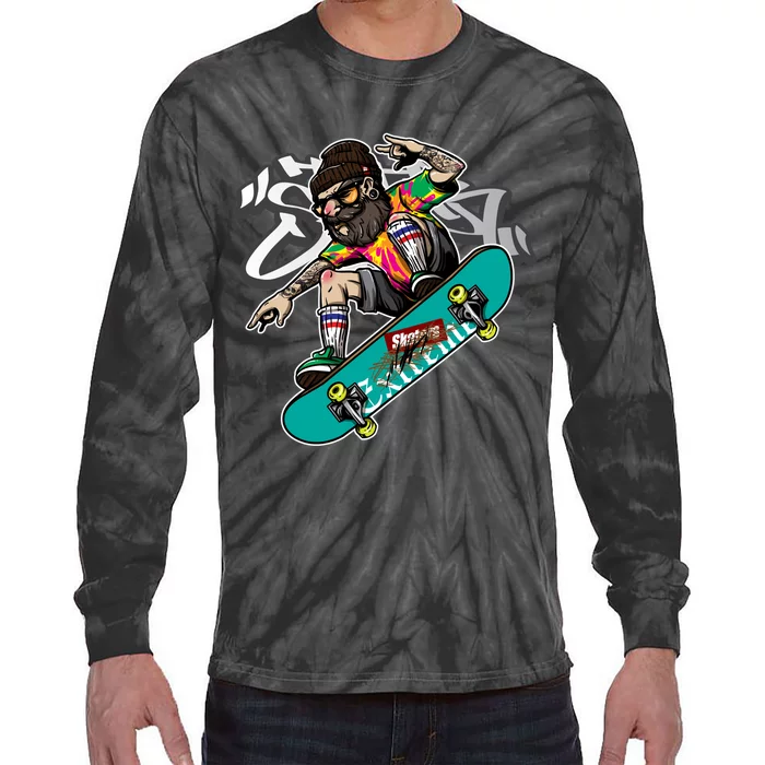 Hipster Riding Skateboard Tie-Dye Long Sleeve Shirt